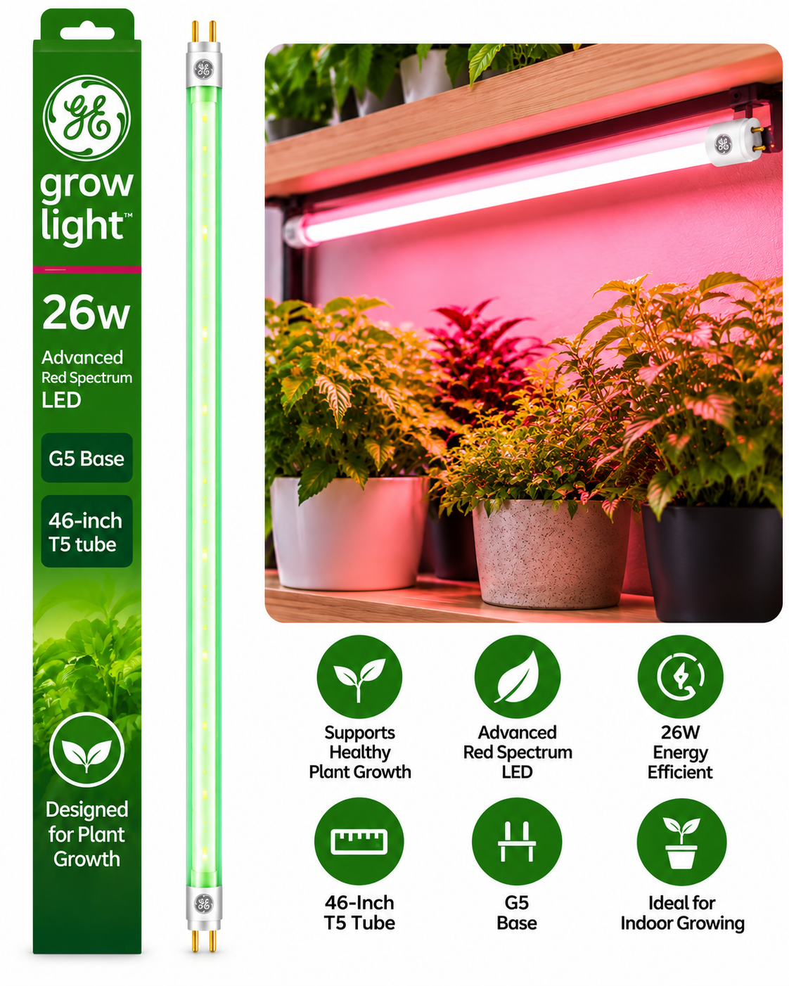 GE Grow Light Advanced Red Spectrum 26W LED T5 Linear Tube, 46" G5 Base