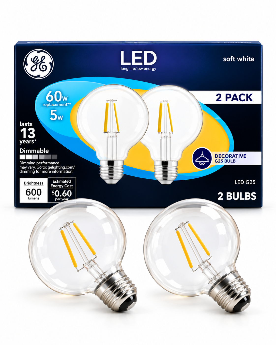 GE Reveal LED 60W Equivalent Clear G25 Globe Light Bulbs, Soft White – 2 Pack