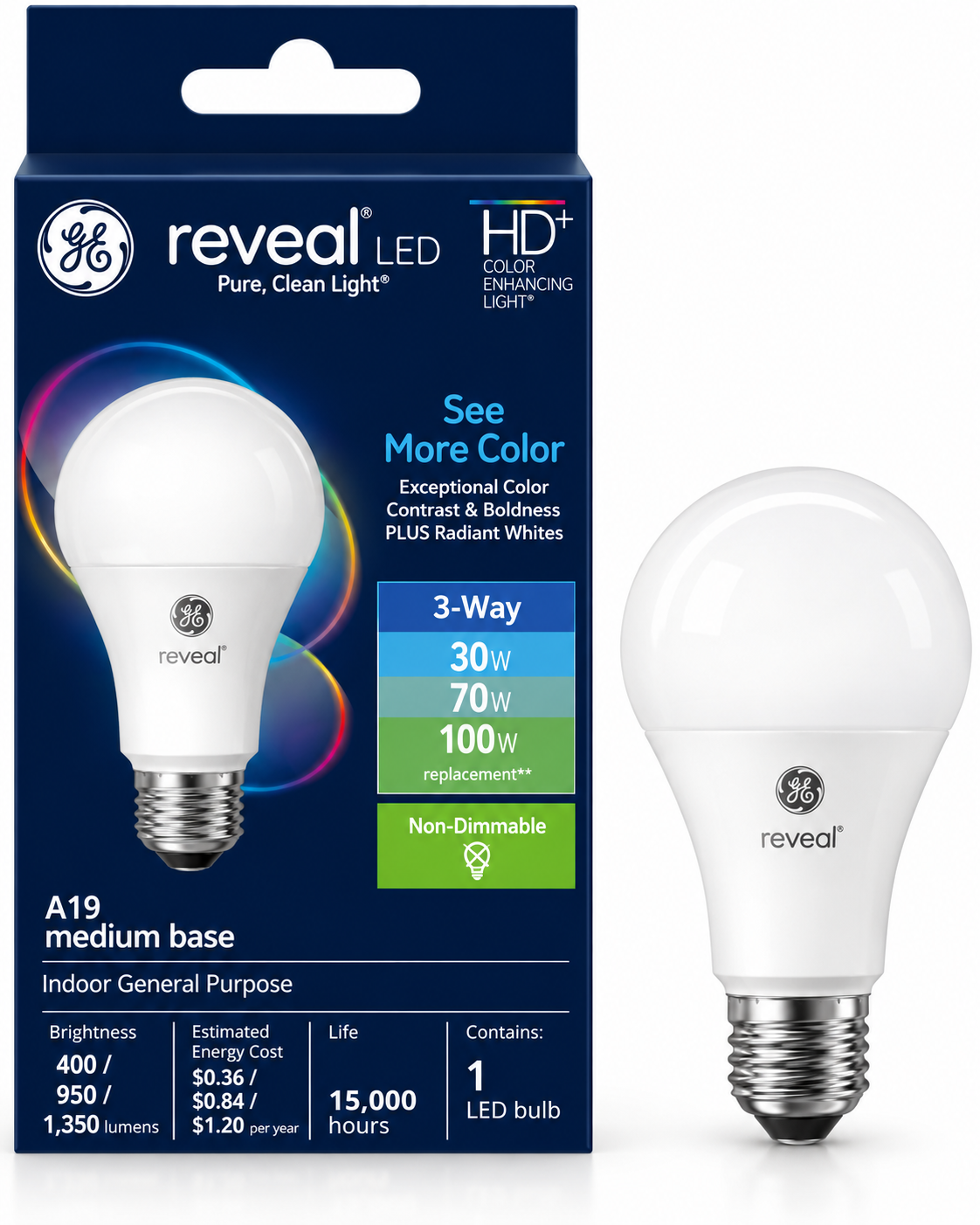 GE Reveal HD+ Colour-Enhancing 3-Way LED Light Bulb, 30/70/100W Replacement, A19, Medium Base, Indoor, 1-Pack