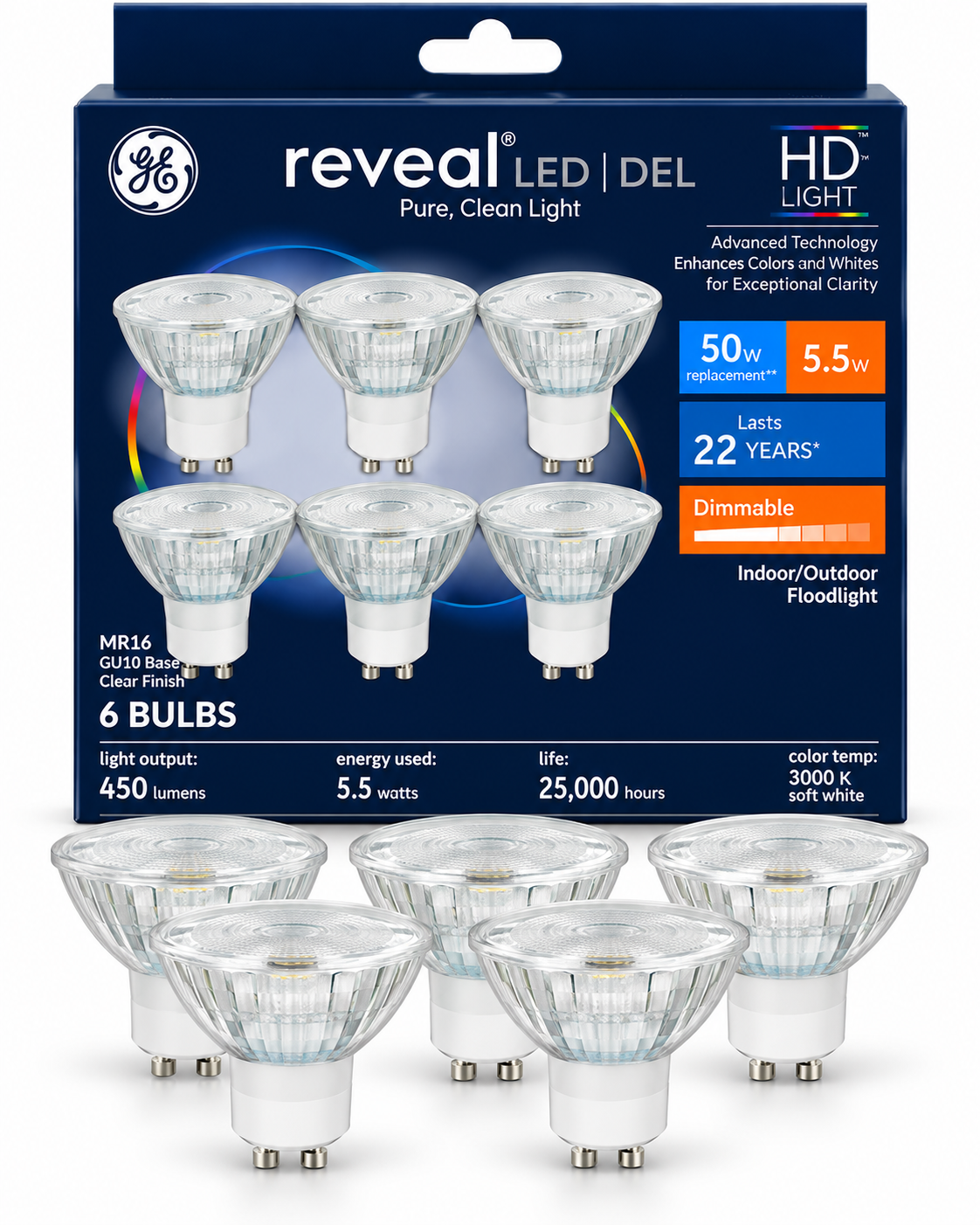 GE Reveal LED MR16 Clear Dimmable Floodlight Bulbs, 50W Equivalent – 6 Pack