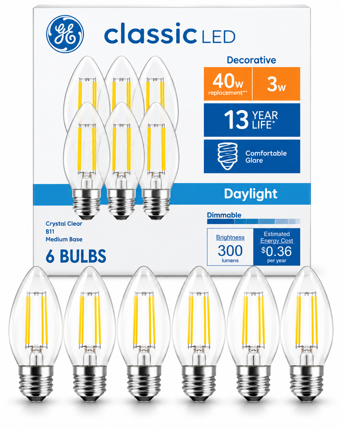 GE Classic LED Clear Decorative Light Bulbs, 40W Equivalent, 3W, Daylight, Medium Base – 6 Pack