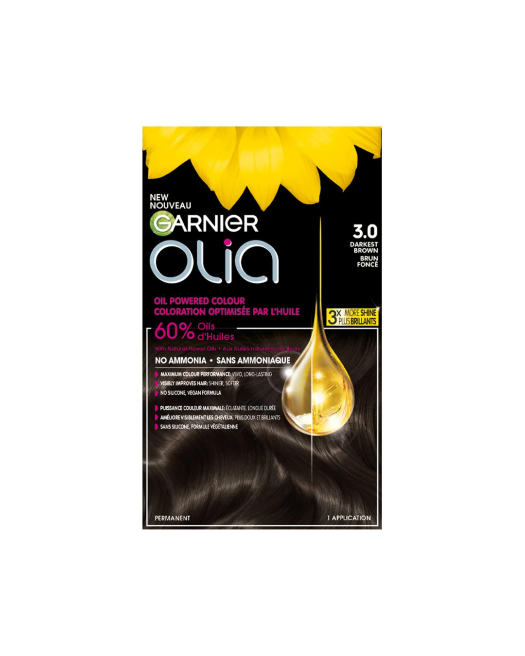Garnier Olia Permanent Hair Dye For Women, Ammonia Free Color, Grey Coverage, Long Lasting Shine with 60% Oils, Vegan, Cruelty Free, 3.0 Darkest Brown, 1 Application