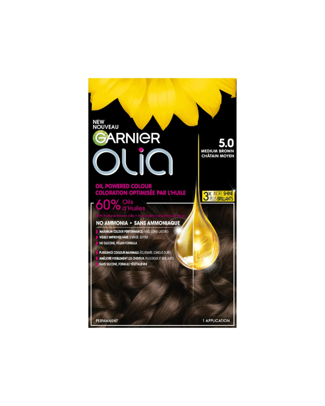 Garnier Olia Permanent Hair Dye, Ammonia-Free Color, 5.0 Medium Brown, Long-Lasting Shine With 60% Oils