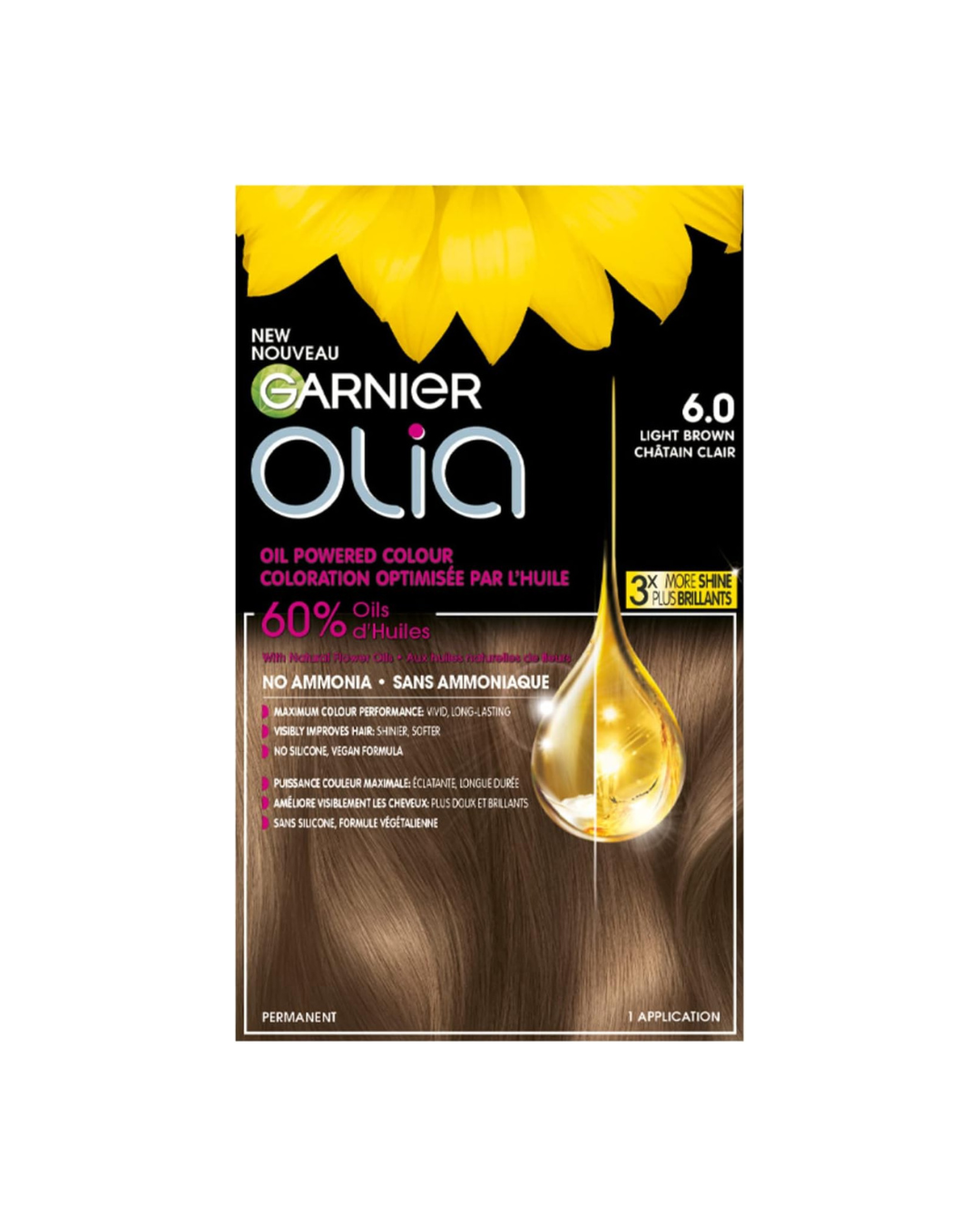 Garnier Olia Permanent Hair Dye, Ammonia-Free Hair Color, 6.0 Light Brown, Long-Lasting Hair Shine With 60% Oils, 1 Application