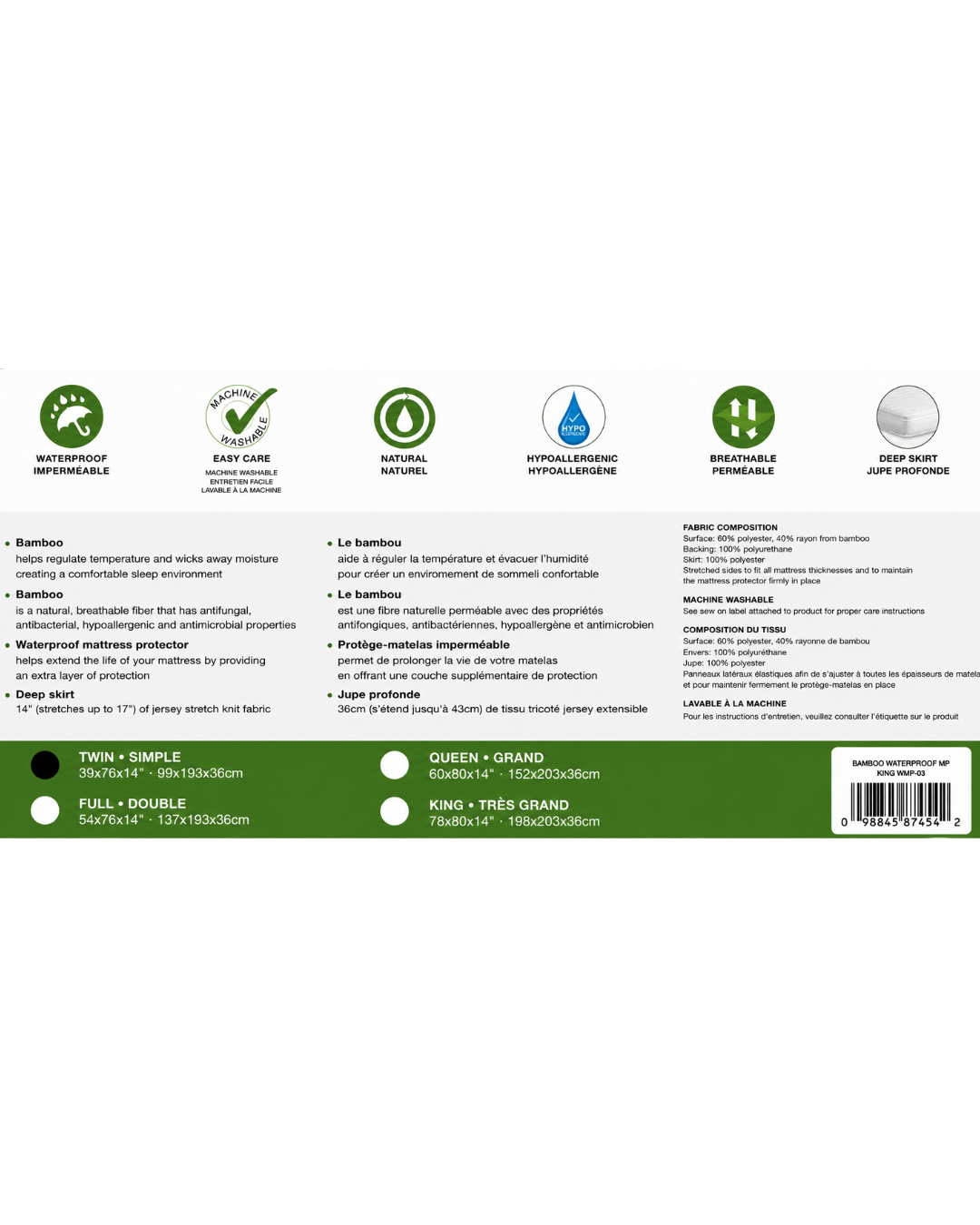 Bamboo Waterproof Mattress Protector(King)