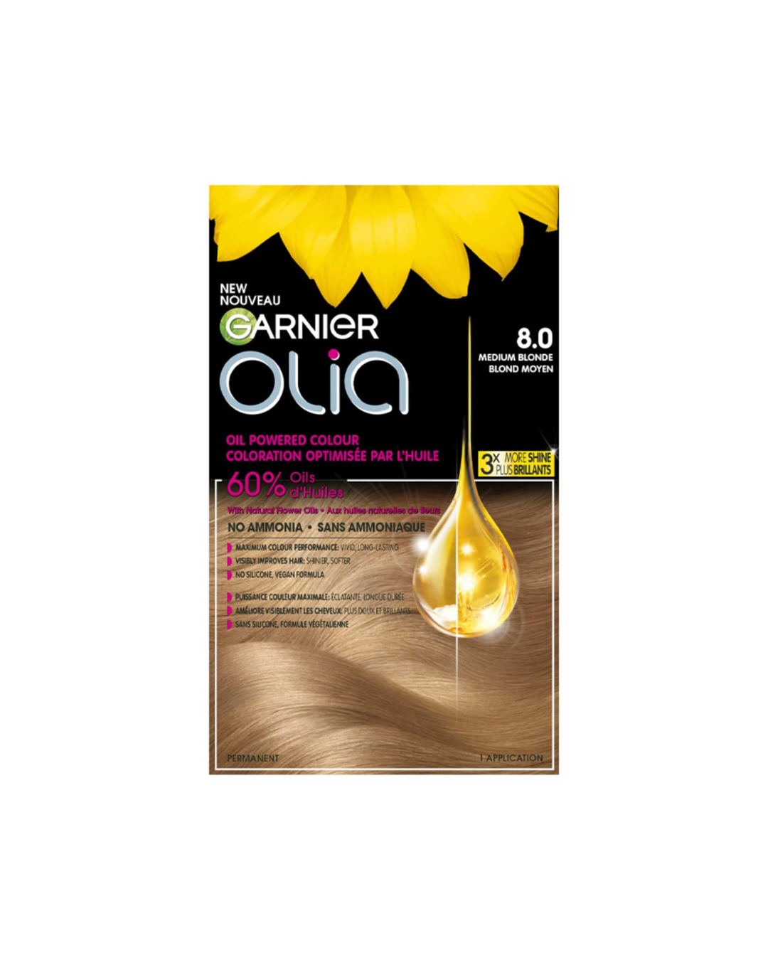 Garnier Olia Permanent Hair Dye, Ammonia-Free Hair Color, 8.0 Medium Blonde, Long-Lasting Hair Shine With 60% Oils, 1 Application
