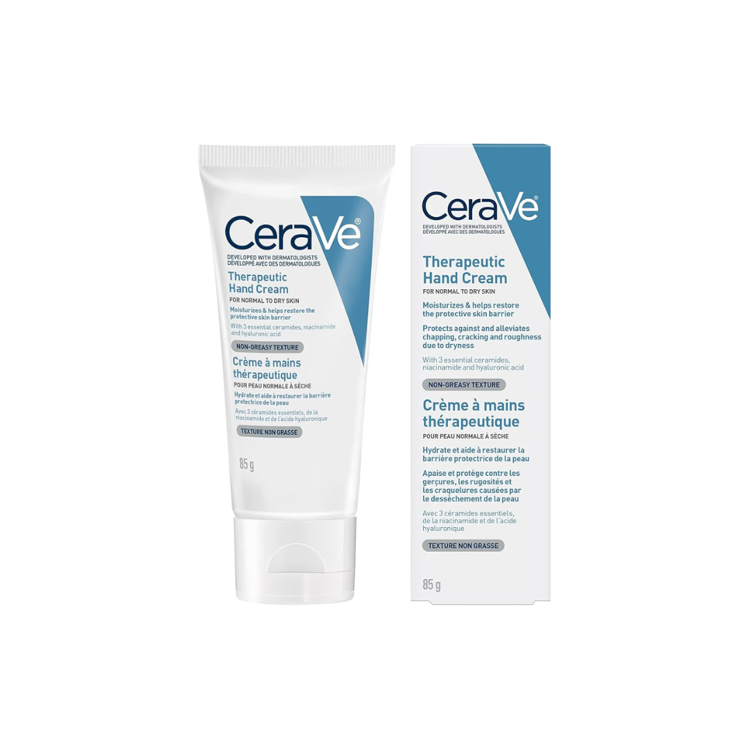 CeraVe Therapeutic Hand Cream, Daily Moisturizing Fragrance-Free Cream for Dry Skin and Dry Cracked Hands with Hyaluronic Acid and Niacinamide, 85 Grams