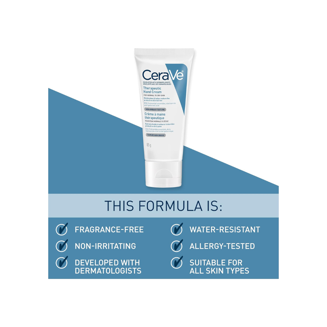 CeraVe Therapeutic Hand Cream, Daily Moisturizing Fragrance-Free Cream for Dry Skin and Dry Cracked Hands with Hyaluronic Acid and Niacinamide, 85 Grams