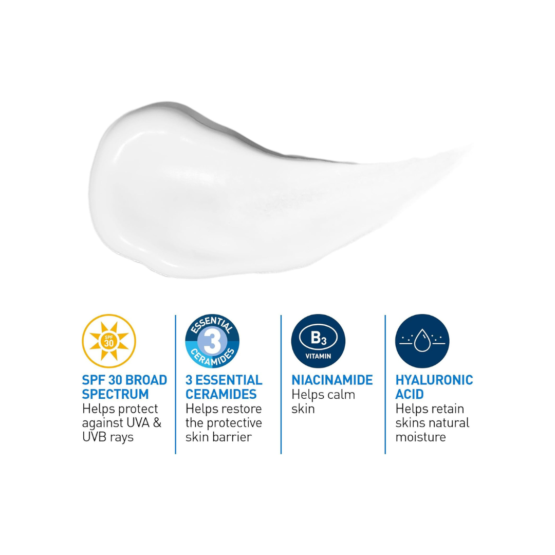 CeraVe Facial Moisturizer with SPF 30. Face Sunscreen Lotion with Hyaluronic Acid, Niacinamide & Ceramides for Women & Men. Oil-free, normal to dry skin 89ML