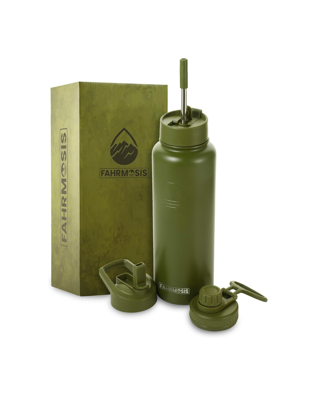 FAHRMOSIS 40 OZ Water Bottle with Straw | Insulated Water Bottle Water Jug Includes 3 Lids Water Bottles | Stainless Steel Water Bottle for Men & Women - Army Green