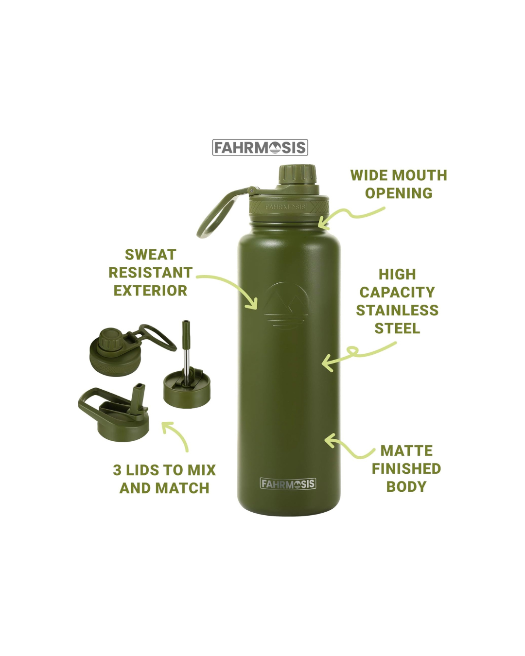 FAHRMOSIS 40 OZ Water Bottle with Straw | Insulated Water Bottle Water Jug Includes 3 Lids Water Bottles | Stainless Steel Water Bottle for Men & Women - Army Green