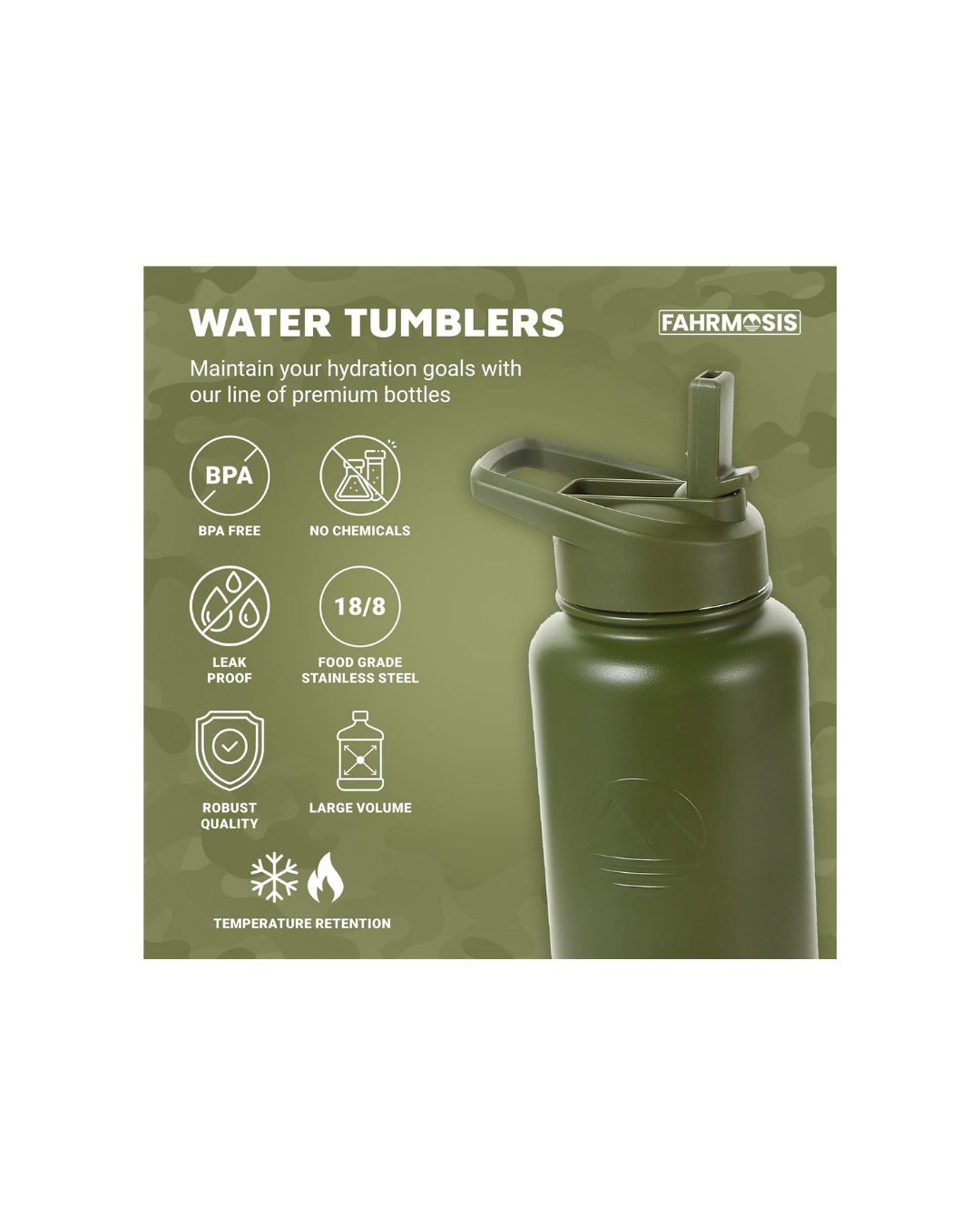 FAHRMOSIS 40 OZ Water Bottle with Straw | Insulated Water Bottle Water Jug Includes 3 Lids Water Bottles | Stainless Steel Water Bottle for Men & Women - Army Green