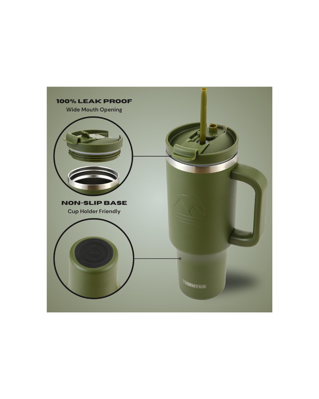 Tumbler with Handle and Straw | Leakproof Tumbler with Straw Insulated Travel Mug Fits Cupholders | Insulated Cup 40 oz Water Bottle with Straw Stainless Steel Tumbler - Army Green