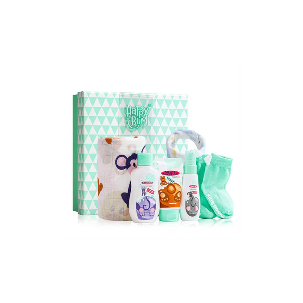 HAPPY BUM GIFT SET FOR BOYS / GIRLS CONSISTS OF BABY OIL, HEAD-TO-TOE BABY LOTION, BUBBLE BATH, NON SLIP TODDLER SOCKS, BABY SWADDLE BLANKET, 1 BABY BIBS.