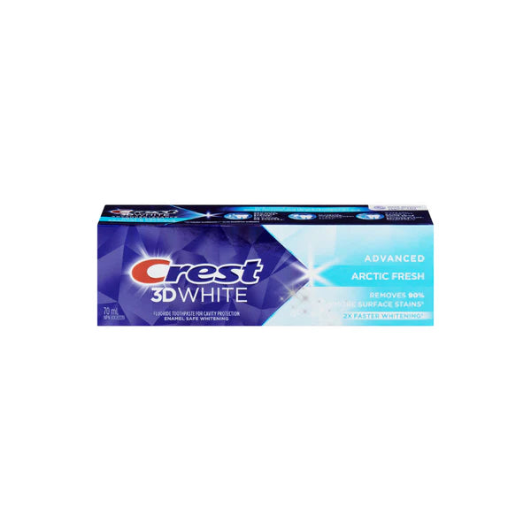 CREST 3D WHITE 70ML ARCTIC FRESH ADVANCED REMOVES 90 % MORE SURFACE STAINS 2 X FASTER WHITENING FORMULA