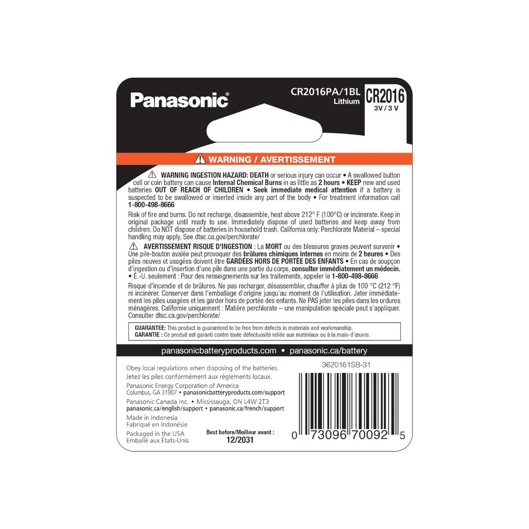 Panasonic CR2016 3.0 Volt Long Lasting Lithium Coin Cell Batteries in Child Resistant, Standards Based Packaging, 1-Battery Pack