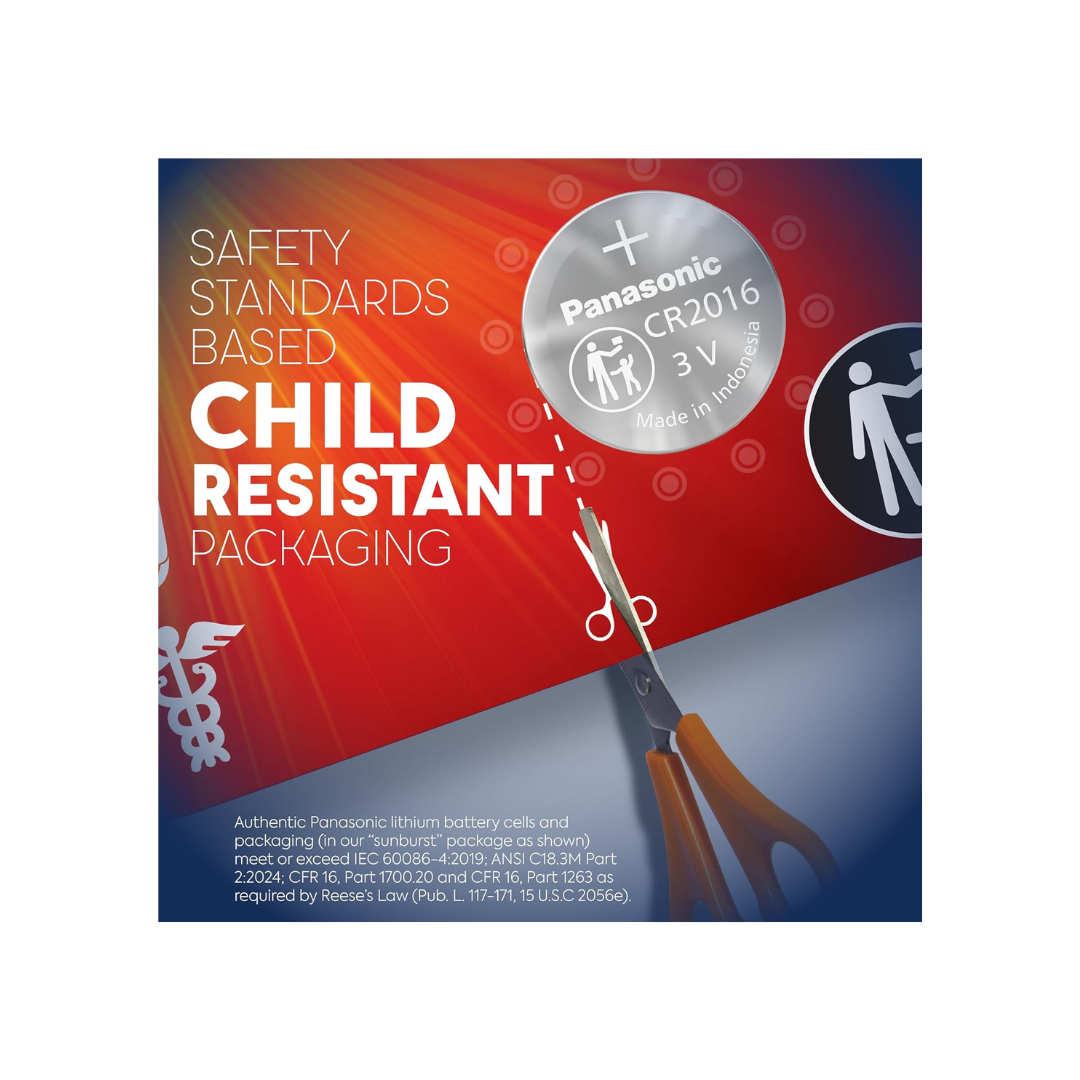 Panasonic CR2016 3.0 Volt Long Lasting Lithium Coin Cell Batteries in Child Resistant, Standards Based Packaging, 1-Battery Pack
