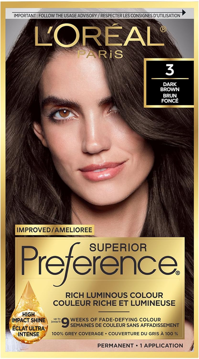 L'Oreal Paris Superior Preference 9 weeks of Luminous Fade-Defying Permanent Hair Dye, 3 Dark Brown, 100% Grey Coverage, 1 Hair Dye Kit