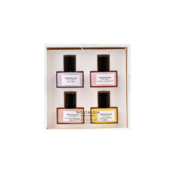 Nostalgia Perfumery 4-Piece Women's Parfum Set Four unique fragrances to match your every mood and moment Pure Ingredients: free of phthalates, parabens, and Proposal 65 banned substances