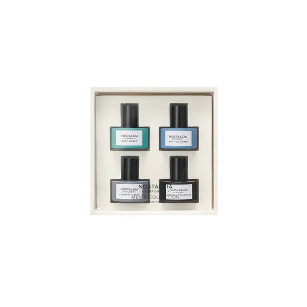 Nostalgia Perfumery 4-Piece Men's Parfum Set Four unique fragrances to match your every mood and moment Pure Ingredients: free of phthalates, parabens, and Proposal 65 banned substances