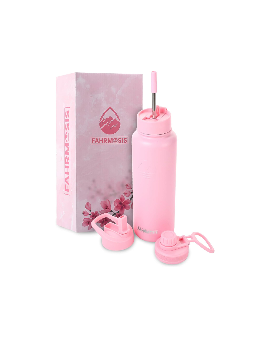 FAHRMOSIS 40 OZ Water Bottle with Straw | Insulated Water Bottle Water Jug Includes 3 Lids Water Bottles | Stainless Steel Water Bottle for Men & Women - Pink