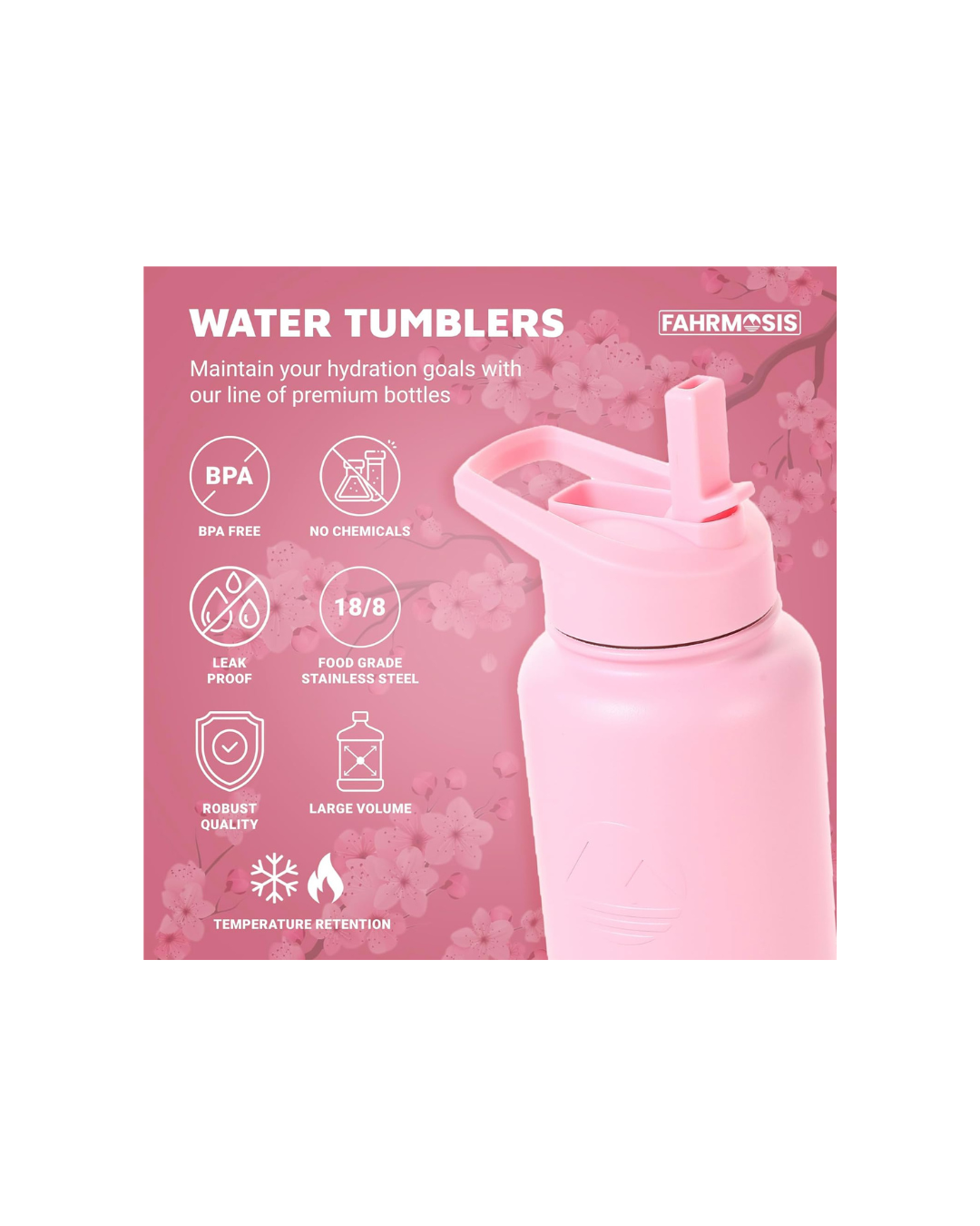 FAHRMOSIS 40 OZ Water Bottle with Straw | Insulated Water Bottle Water Jug Includes 3 Lids Water Bottles | Stainless Steel Water Bottle for Men & Women - Pink