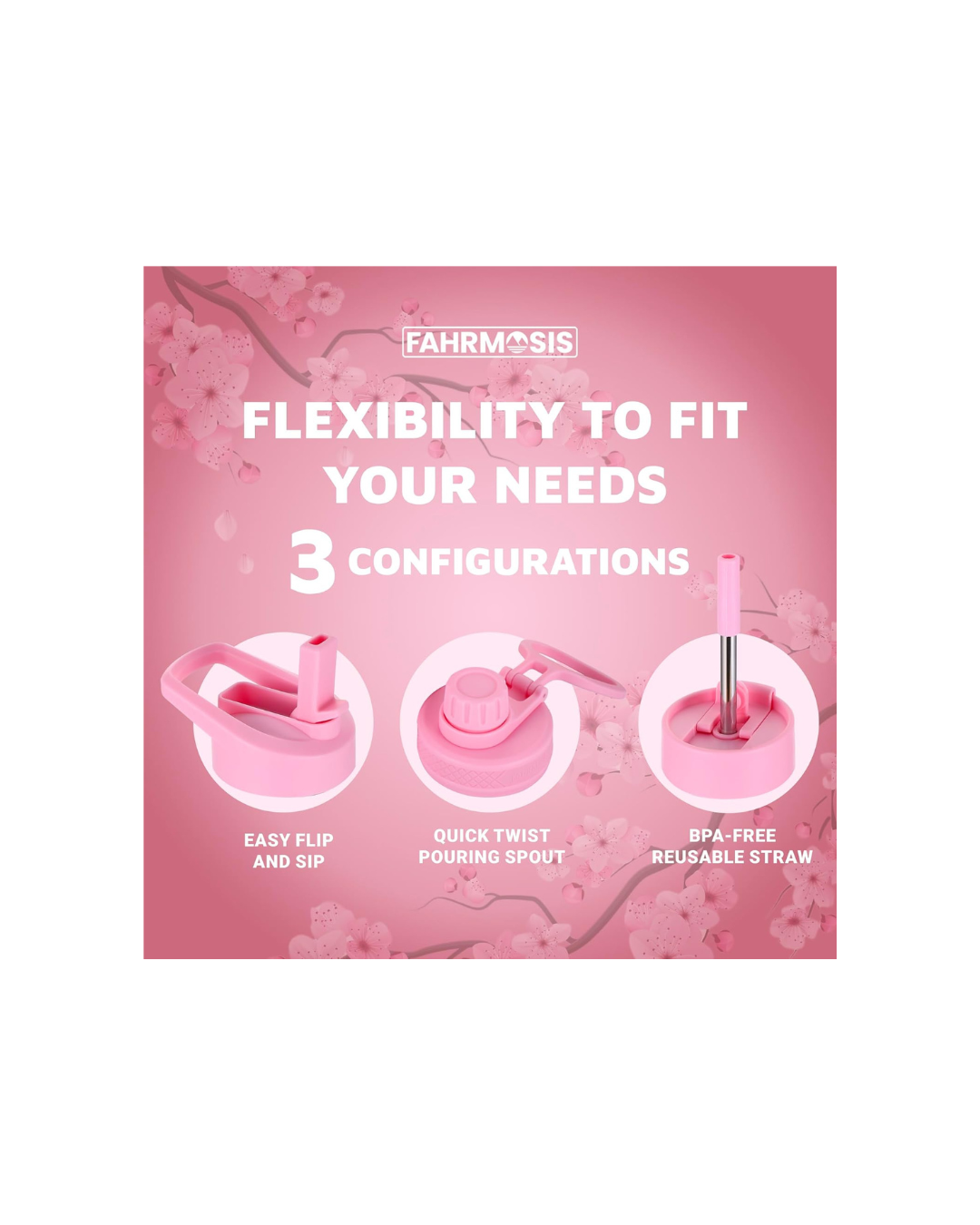 FAHRMOSIS 40 OZ Water Bottle with Straw | Insulated Water Bottle Water Jug Includes 3 Lids Water Bottles | Stainless Steel Water Bottle for Men & Women - Pink