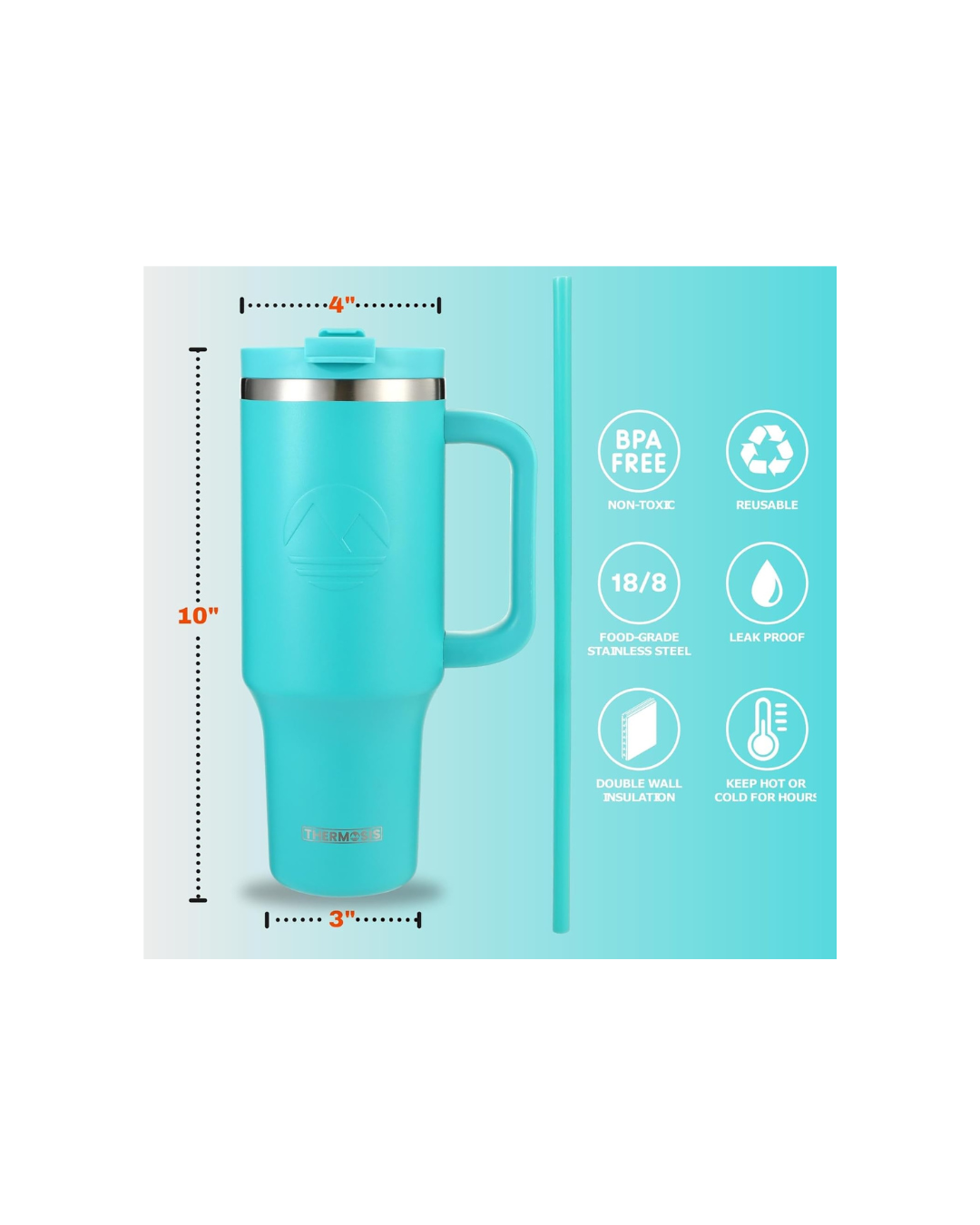Tumbler with Handle and Straw | Leakproof Tumbler with Straw Insulated Travel Mug Fits Cupholders | Insulated Cup 40 oz Water Bottle with Straw Stainless Steel Tumbler - Teal