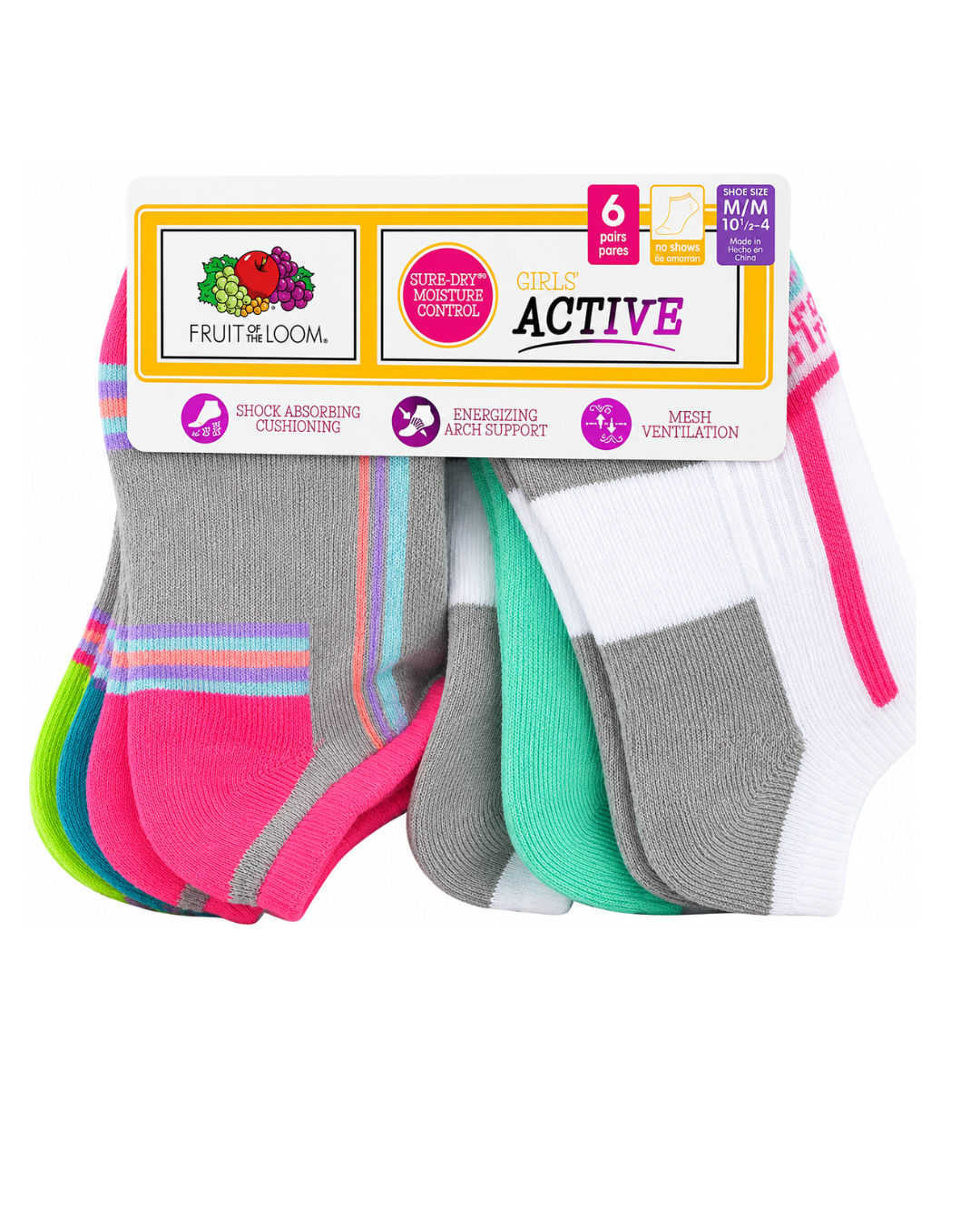 Fruit of the Loom Girls' Active Socks No Show – 6 Pack (Medium)