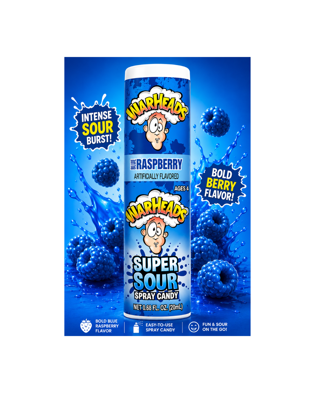 WarHeads Super Sour Spray Candy Blue Raspberry or Watermelon (1pc)