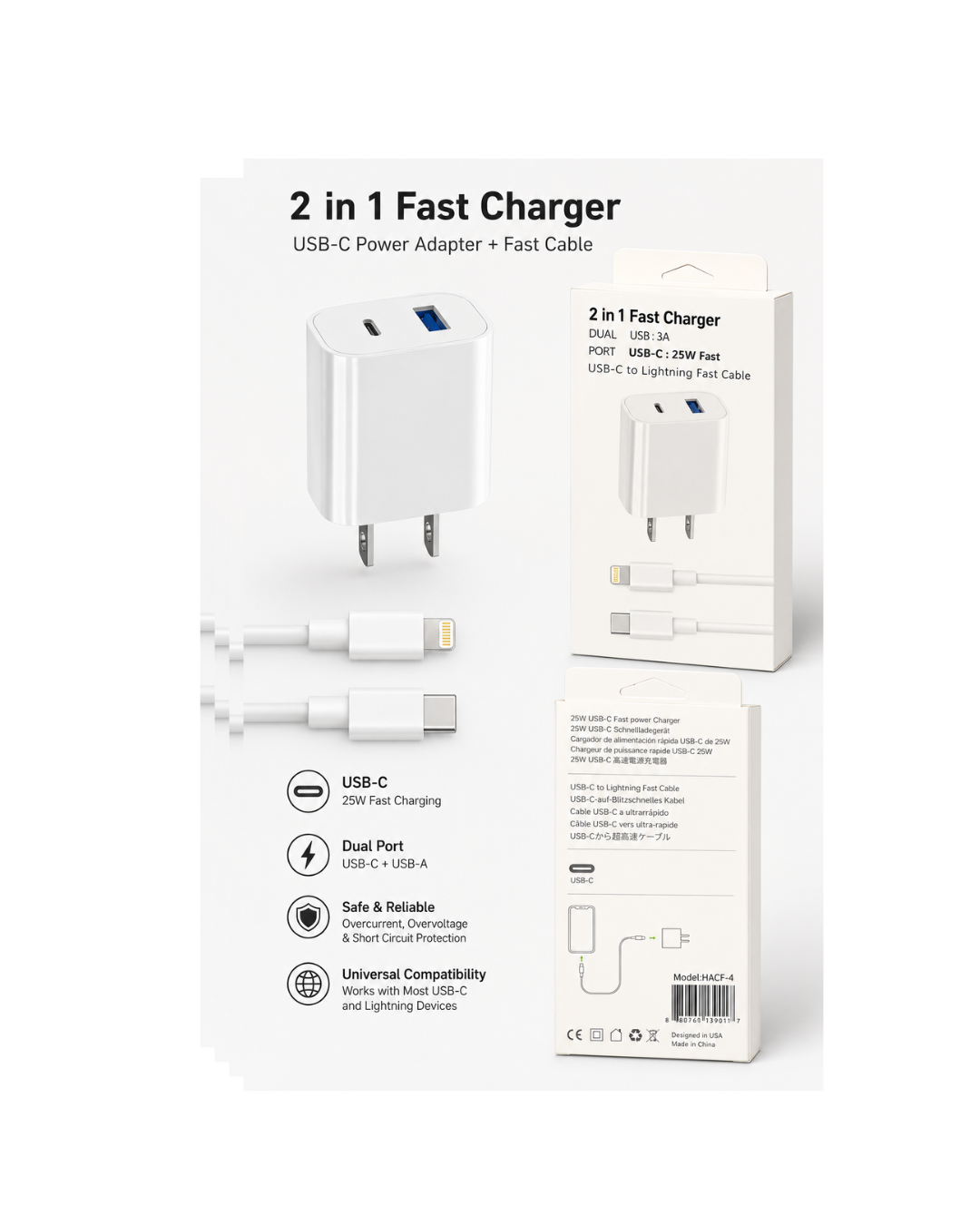 2-in-1 Fast Charger with Dual USB Ports & USB-C to Lightning Cable