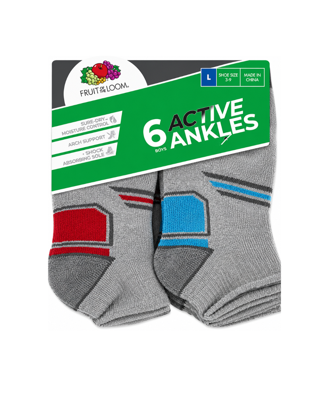 Fruit of the Loom Boys' Active Ankle Socks – 6 Pack, Large