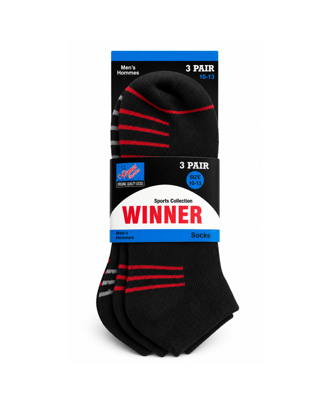 WINNER Sports Collection Designer Socks 3 Pair for Men in Black (Sizes 10–13)