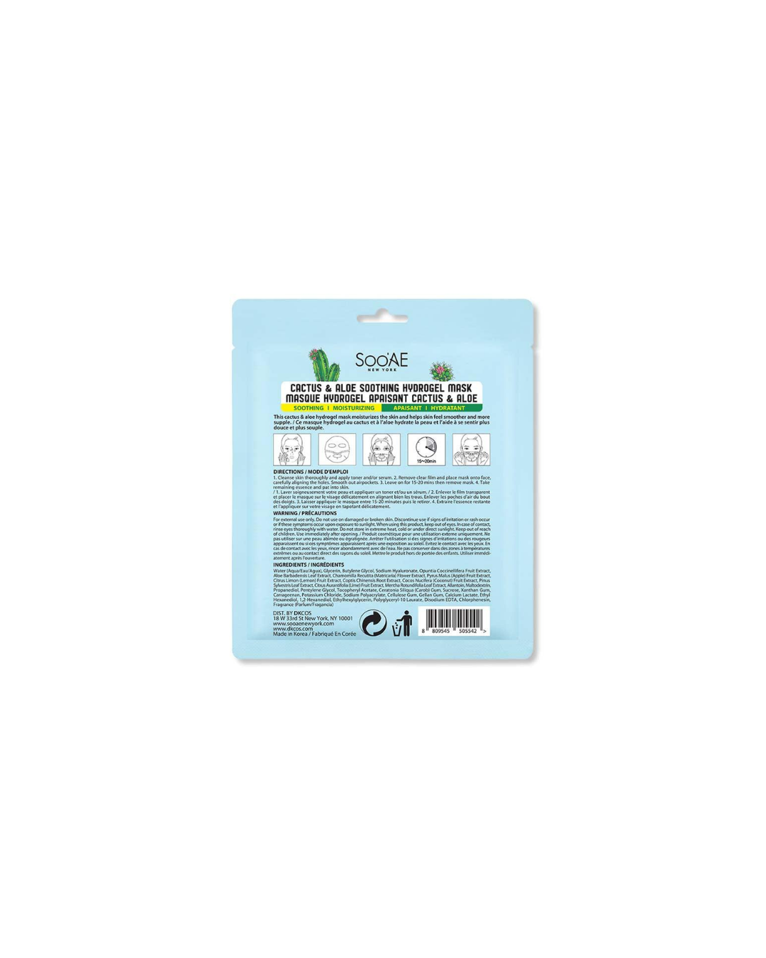 Soo'AE Cactus & Aloe Soothing Hydrogel Mask 27g – Hydrating & Calming Facial Mask for Soft, Refreshed Skin