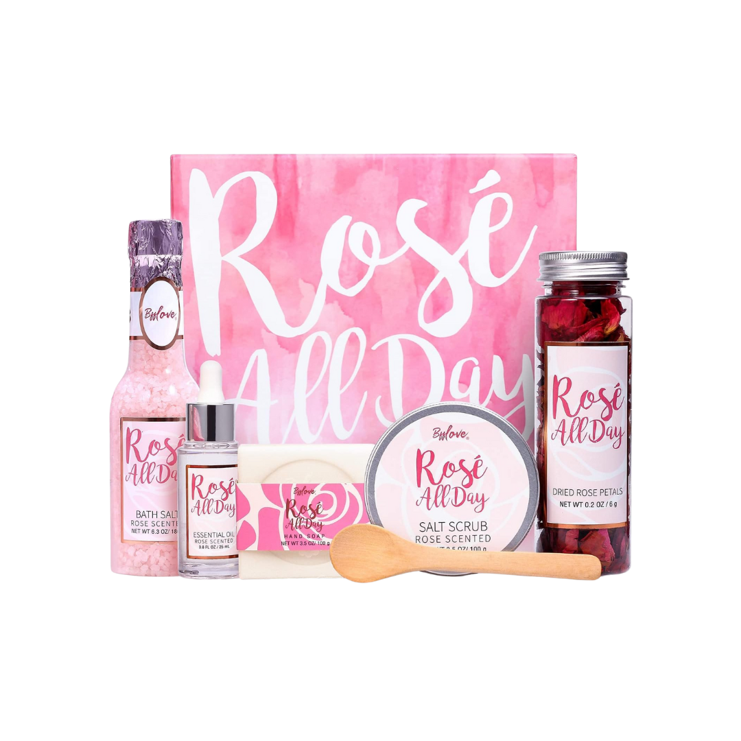 Spa Gifts for Women, Bath Gift Set - Pack of 5, with Rose Scent Gift Baskets for Her, Including Essential Oil, Bath Salt, Salt Scrub, Soap and Bath Petals
