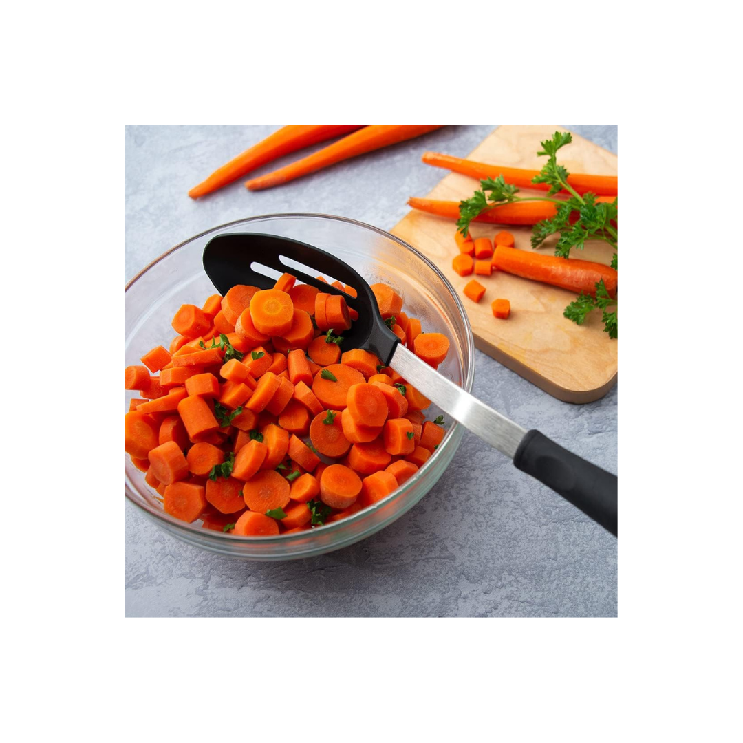 SLOTTED SPOON HEAT RESISTANT UP TO 400 DEGREES AND DISHWASHER SAFE.