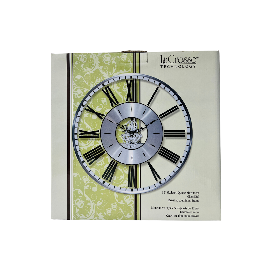 LA CROSS WALL CLOCK 12 SKELETON QUARTZ MOVEMENT GLASS DIAL BRUSHED ALUMINUM FRAME