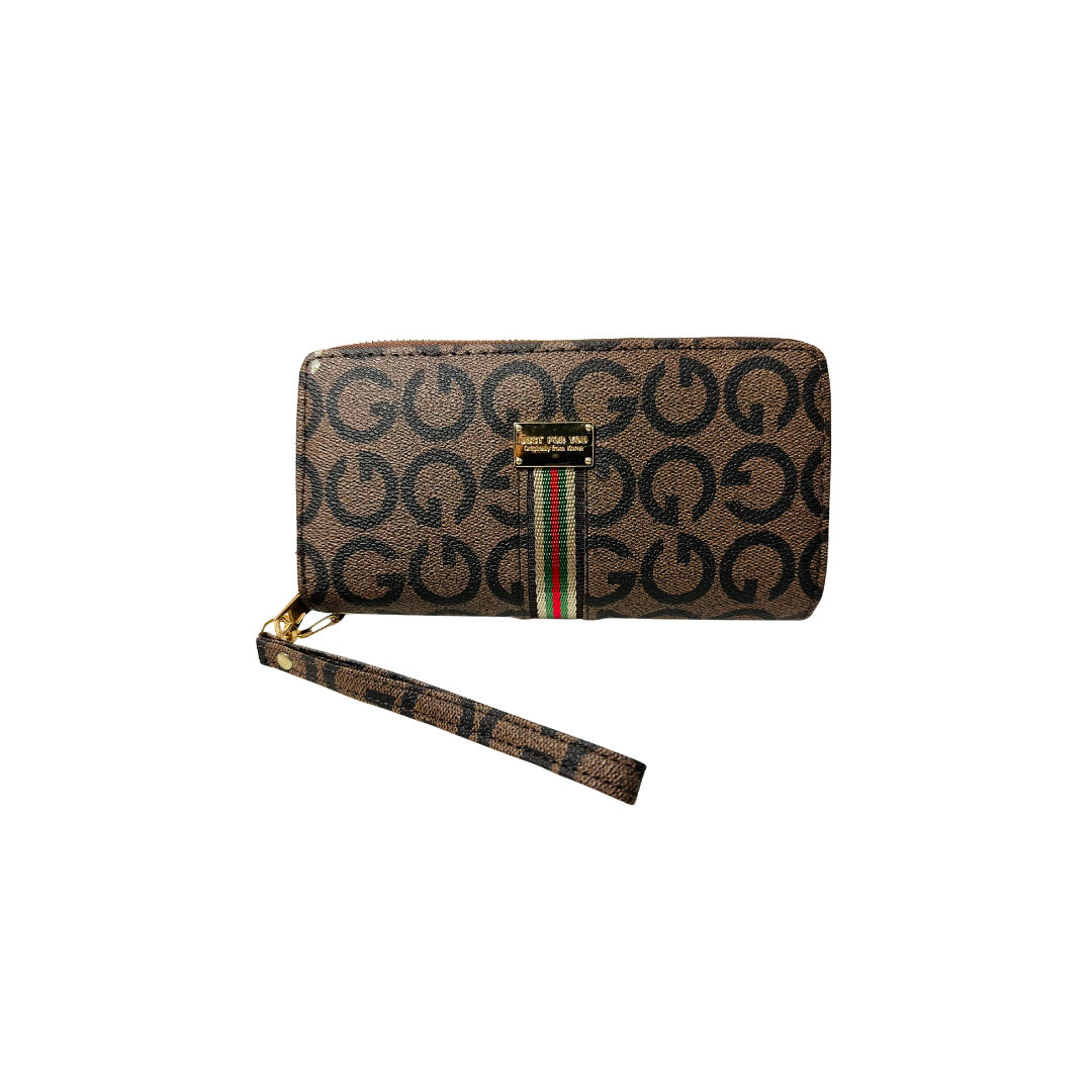 WOMEN'S DOUBLE ZIPPER WALLET BROWN WITH A WRISTLET STRAP