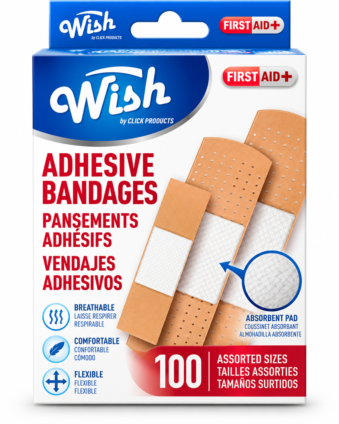Wish First Aid Adhesive Bandages – Assorted Sizes, 100 Count