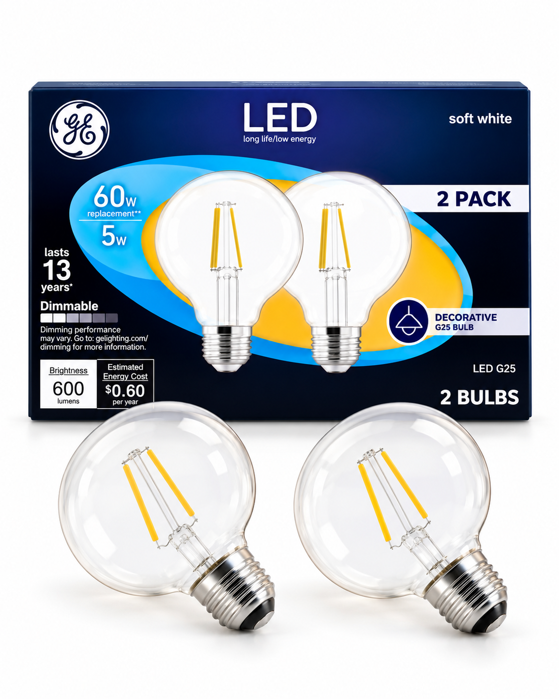 GE Reveal LED Clear G25 Globe Light Bulbs, 60W Equivalent, Soft White – 2 Pack