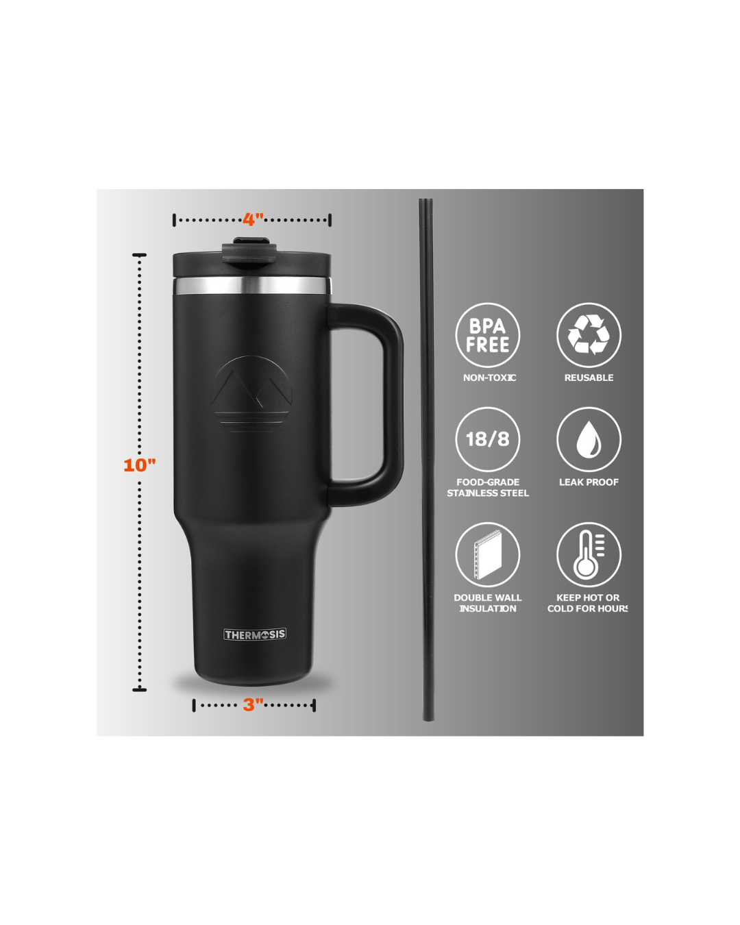 Tumbler with Handle and Straw | Leakproof Tumbler with Straw Insulated Travel Mug Fits Cupholders | Insulated Cup 40 oz Water Bottle with Straw Stainless Steel Tumbler - Black