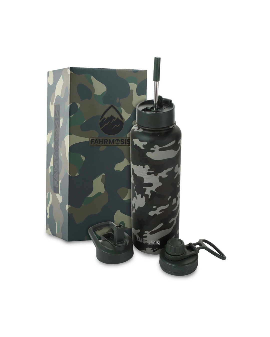 FAHRMOSIS 40 OZ Water Bottle with Straw | Insulated Water Bottle Water Jug Includes 3 Lids Water Bottles | Stainless Steel Water Bottle for Men & Women - camo