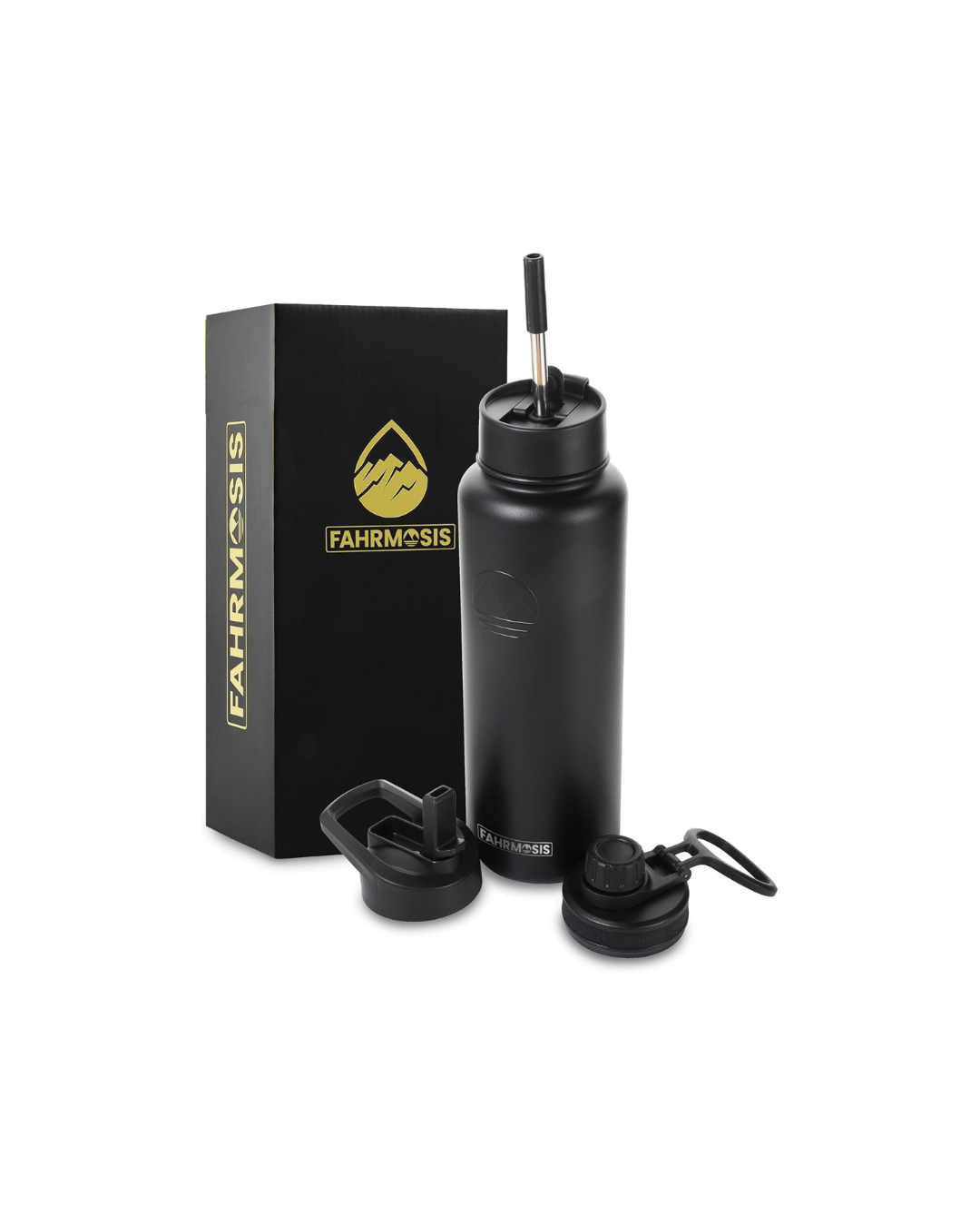 FAHRMOSIS 40 OZ Water Bottle with Straw | Insulated Water Bottle Water Jug Includes 3 Lids Water Bottles | Stainless Steel Water Bottle for Men & Women - Black