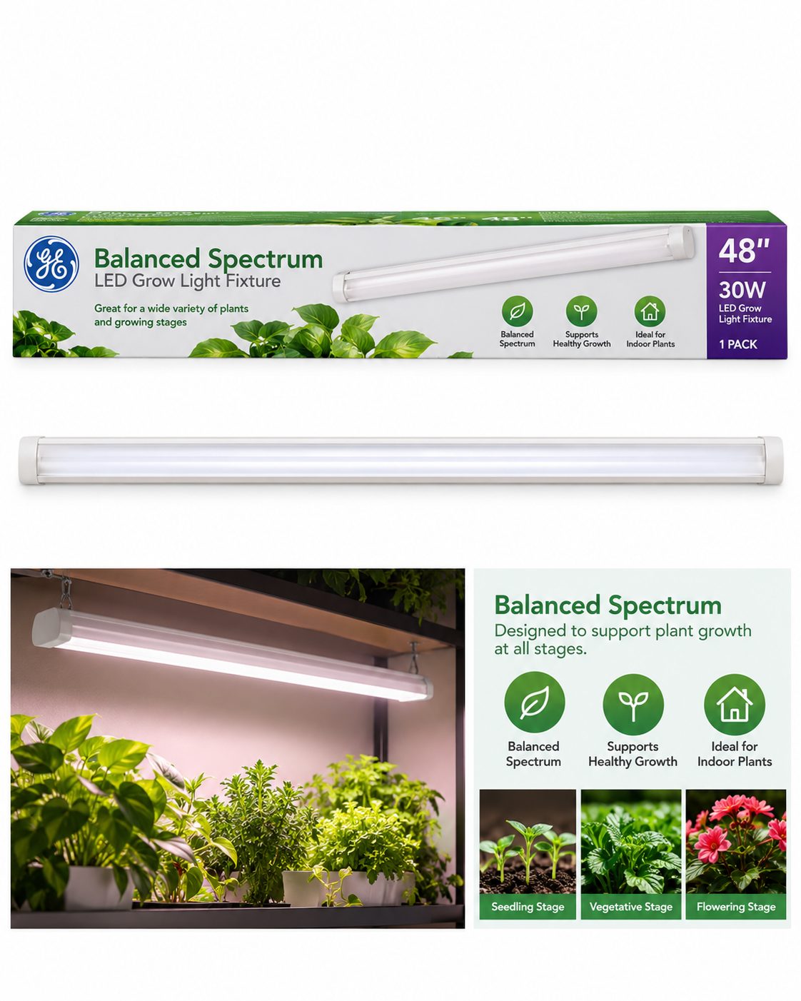 GE Lighting Balanced Spectrum LED Grow Light Fixture, 48-Inch, 30W, 1-Pack