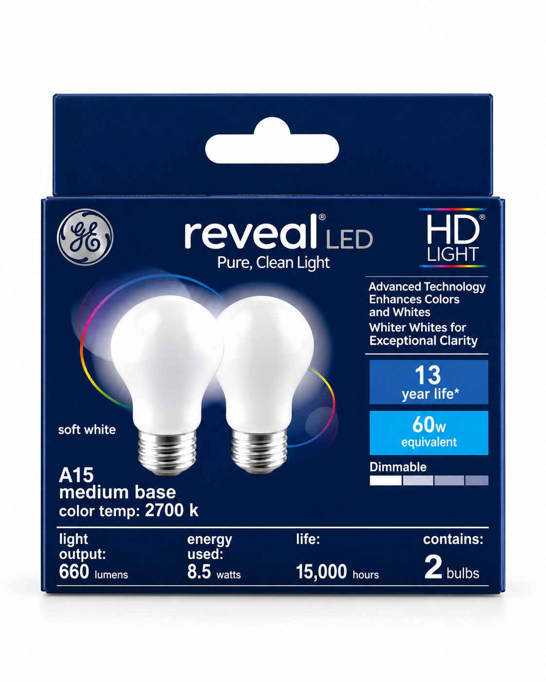 GE Reveal HD LED A15 Light Bulbs, 60W Equivalent, Soft White, Dimmable – 2 Pack