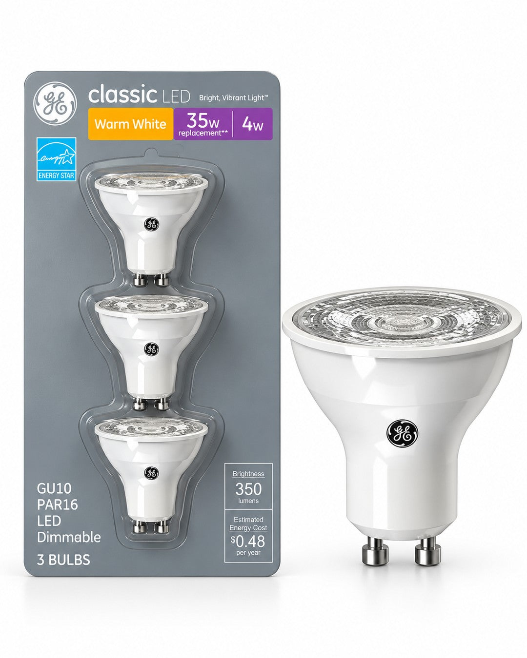 GE Classic Warm White LED GU10 PAR16 Bulbs, 35W Replacement, 3-Pack