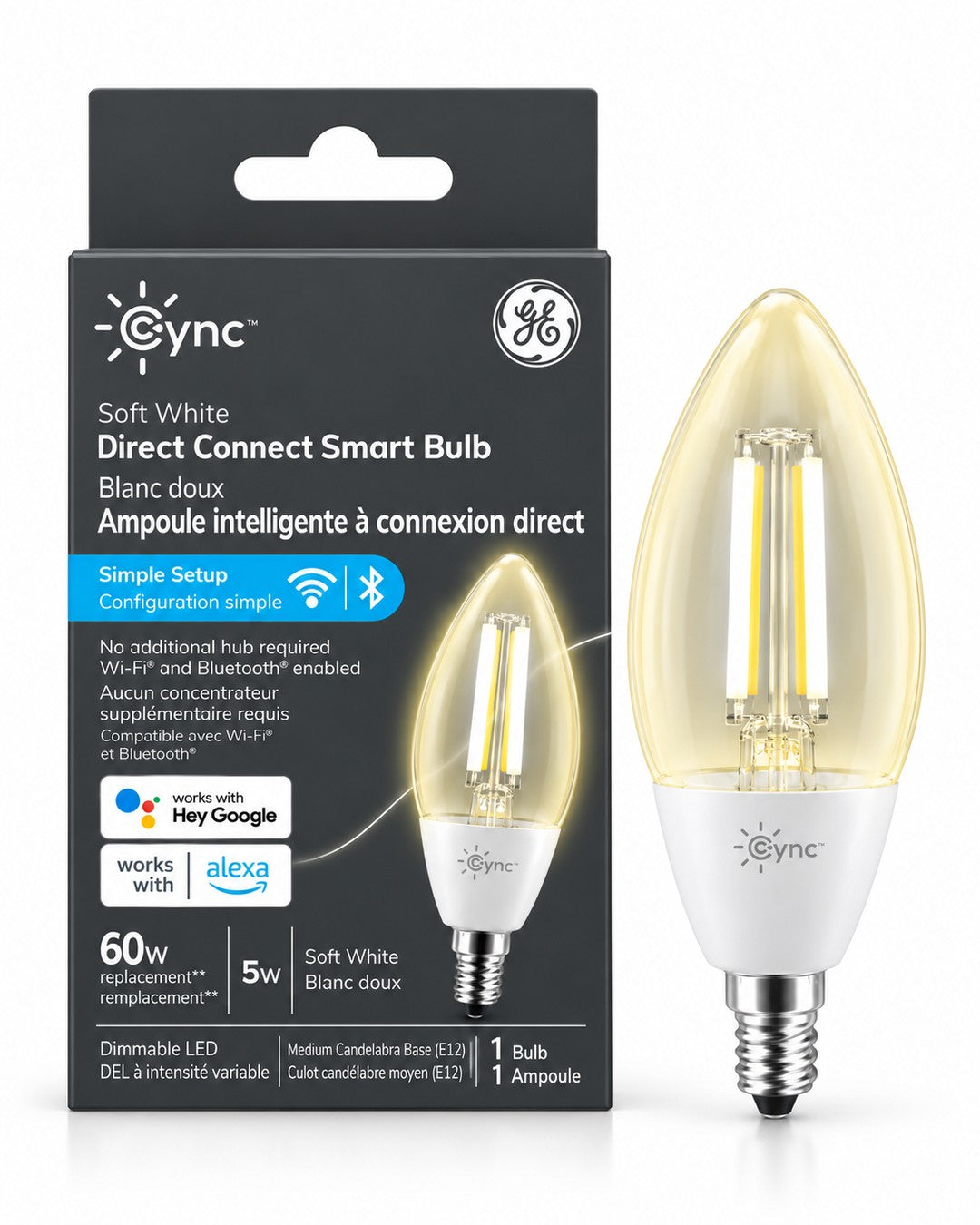 GE Cync Soft White Decorative LED Bulb, 60W Replacement, Dimmable, E12 Candelabra Base, 1-Pack