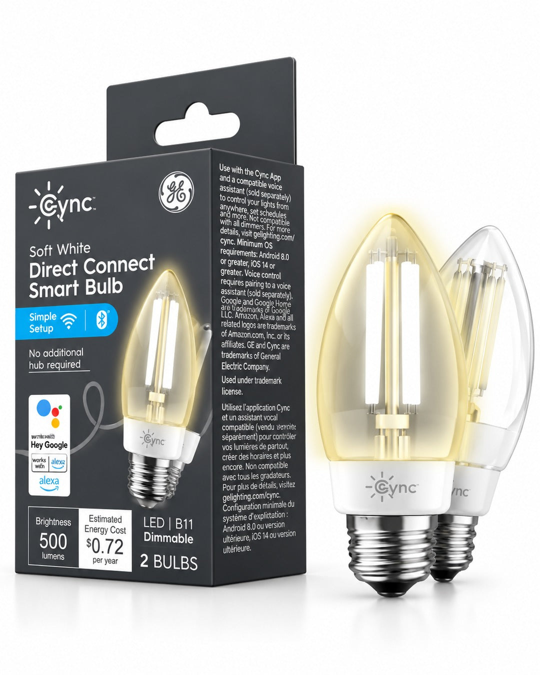 GE Cync Smart Soft White Decorative LED Bulbs, 60W Replacement, E26 Medium Base, Dimmable, 2-Pack
