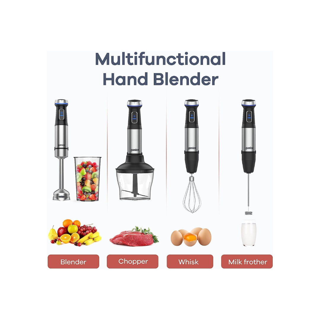 Ganiza Immersion Blender, Electric Hand Blender 800W with 15 Speed and Turbo Mode Handheld Blender Stainless Steel Blade, 5-in-1 Handheld Stick Mixer, Milk Frother, Egg Whisk, Chopper and Beaker