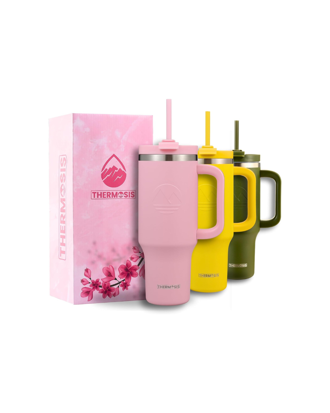 Tumbler with Handle and Straw | Leakproof Tumbler with Straw Insulated Travel Mug Fits Cupholders | Insulated Cup 40 oz Water Bottle with Straw Stainless Steel Tumbler - Pink